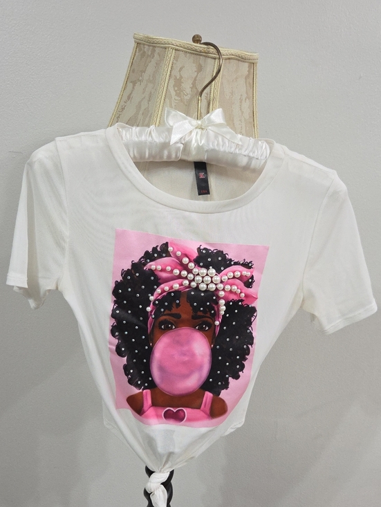 Other - White Graphic Tee with Pink Bubblegum Girl Print